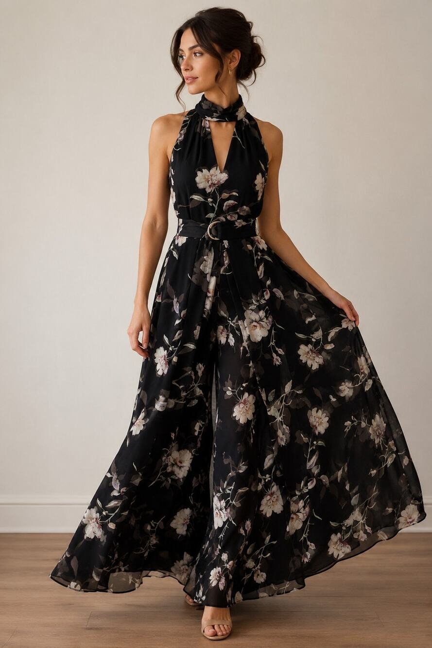 WHBM SZ 2 Belted Jumpsuit Floral Keyhole V-Neck Palazzo Wide Leg Sleeveless